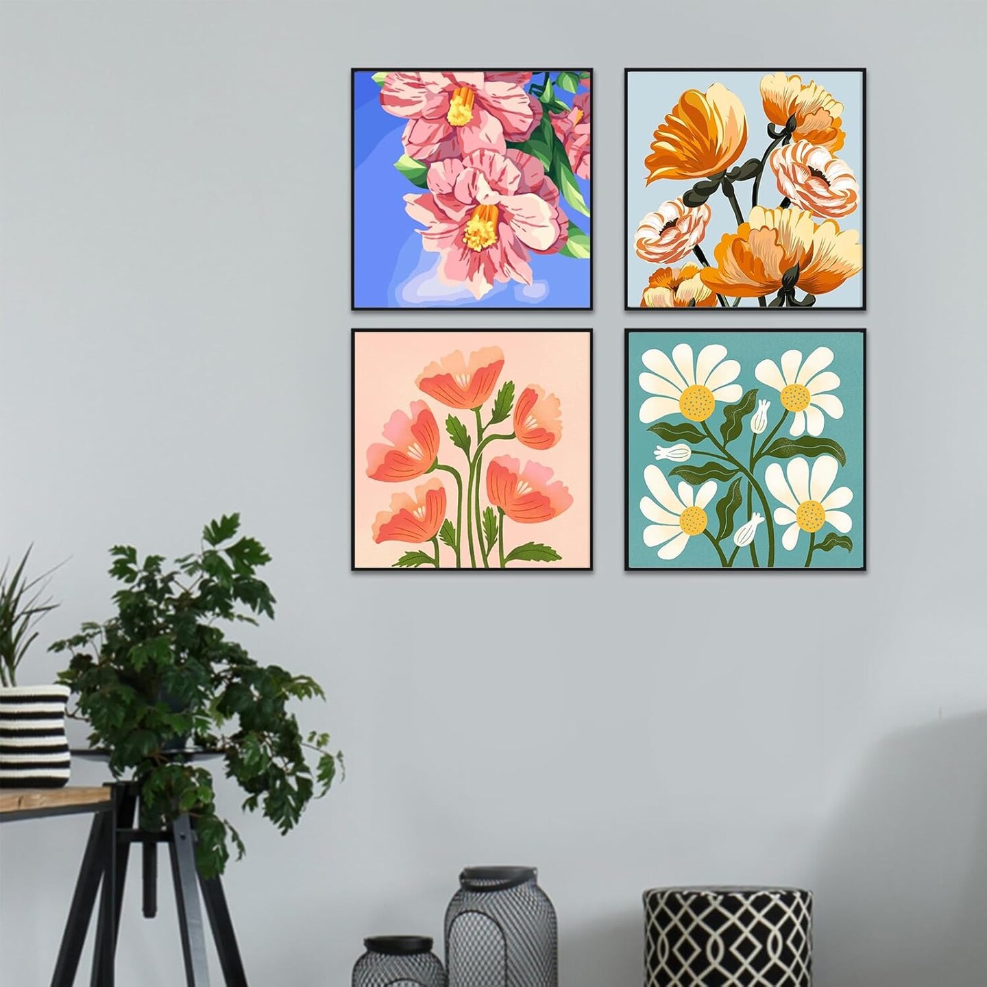 Flowers Paint by Number for Adults Canvas Framed, 4 Pack 10&#x22;x10&#x22; Easy Framed Paint by Number Kits for Beginner Kids, DIY Simple Flowers Acrylic Oil Painting Number Kits with Frame