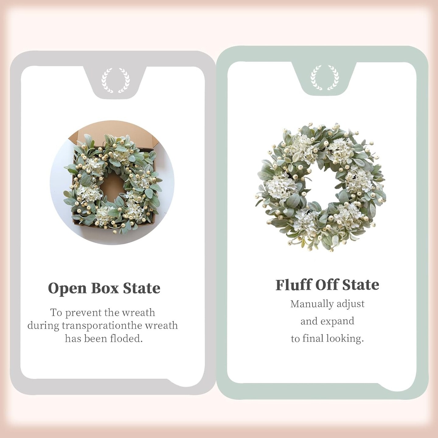 22 Inch Lambs Ears Leaves Everyday Wreath with Ivory Hydrangea and Cream Berries, Spring Summer Greenery Wreath with Burlap Ribbon Bow Knot for Doors, Rustic and Farmhouse Style Home Decor