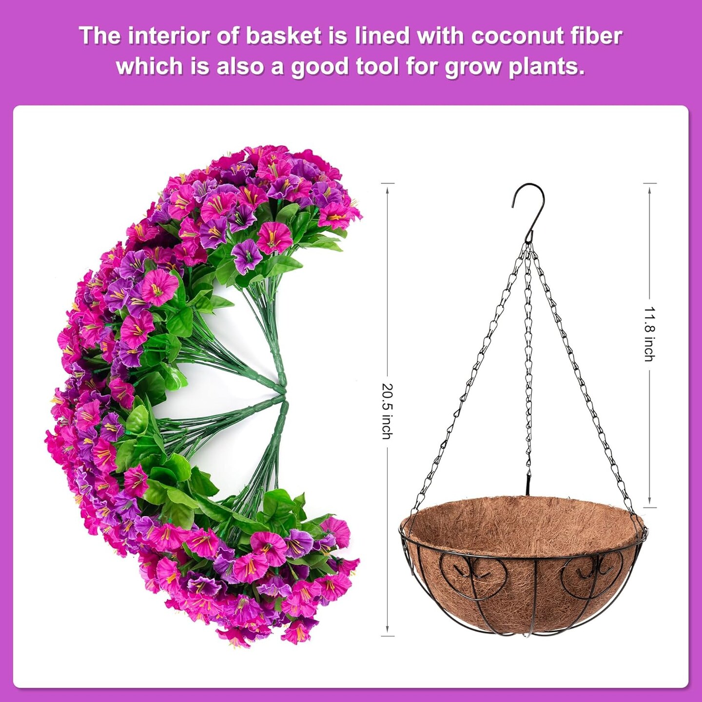 Artificial Hanging Flowers with Basket, Faux Silk Petunias Spring Flower Arrangement