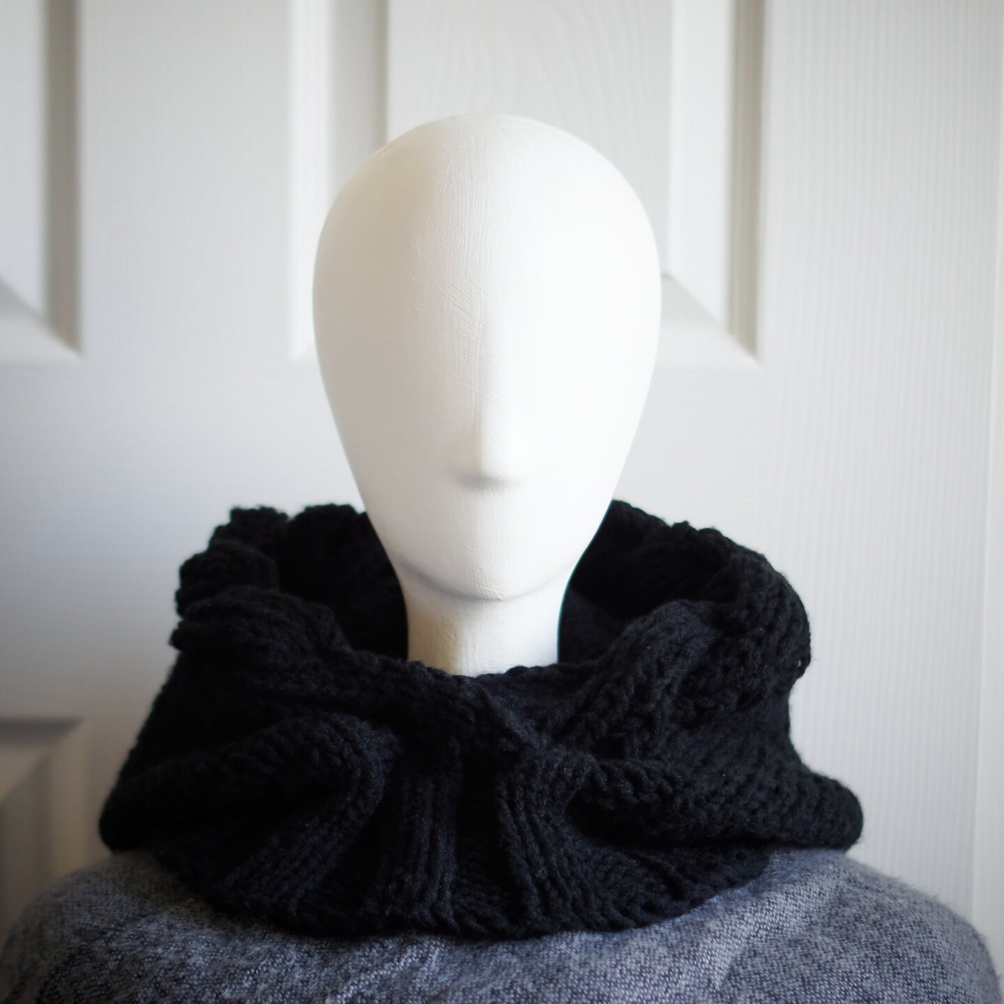 Black Knit Balaclava Hood – Oversized Winter Cowl with Cable Twist