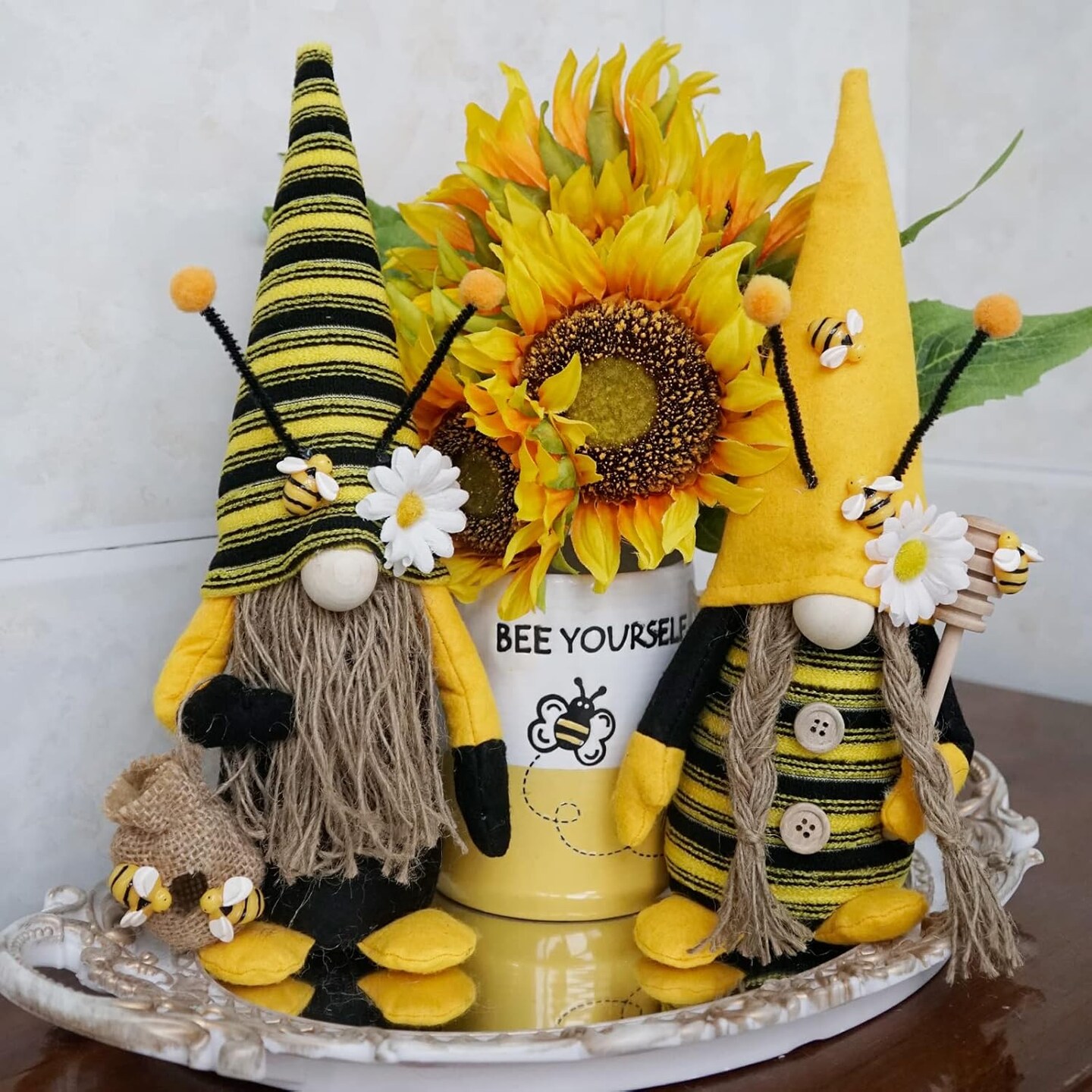 Bumble Bee Gnome Plush, Spring Honeybee Decor, Mr and Mrs Gnomes Plush Tomte Elf World Bee Day Figurine for Rustic Farmhouse Tiered Tray