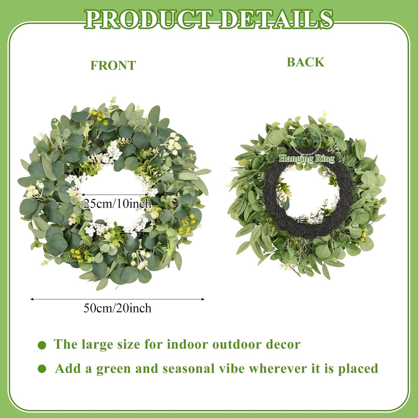 20 Inch Eucalyptus Wreath for Front Door, Spring Green Leaf Door Wreaths Farmhouse with Boxwood Willow Leaves Berries for All Seasons Window Wall Wedding Indoor Outdoor Decor