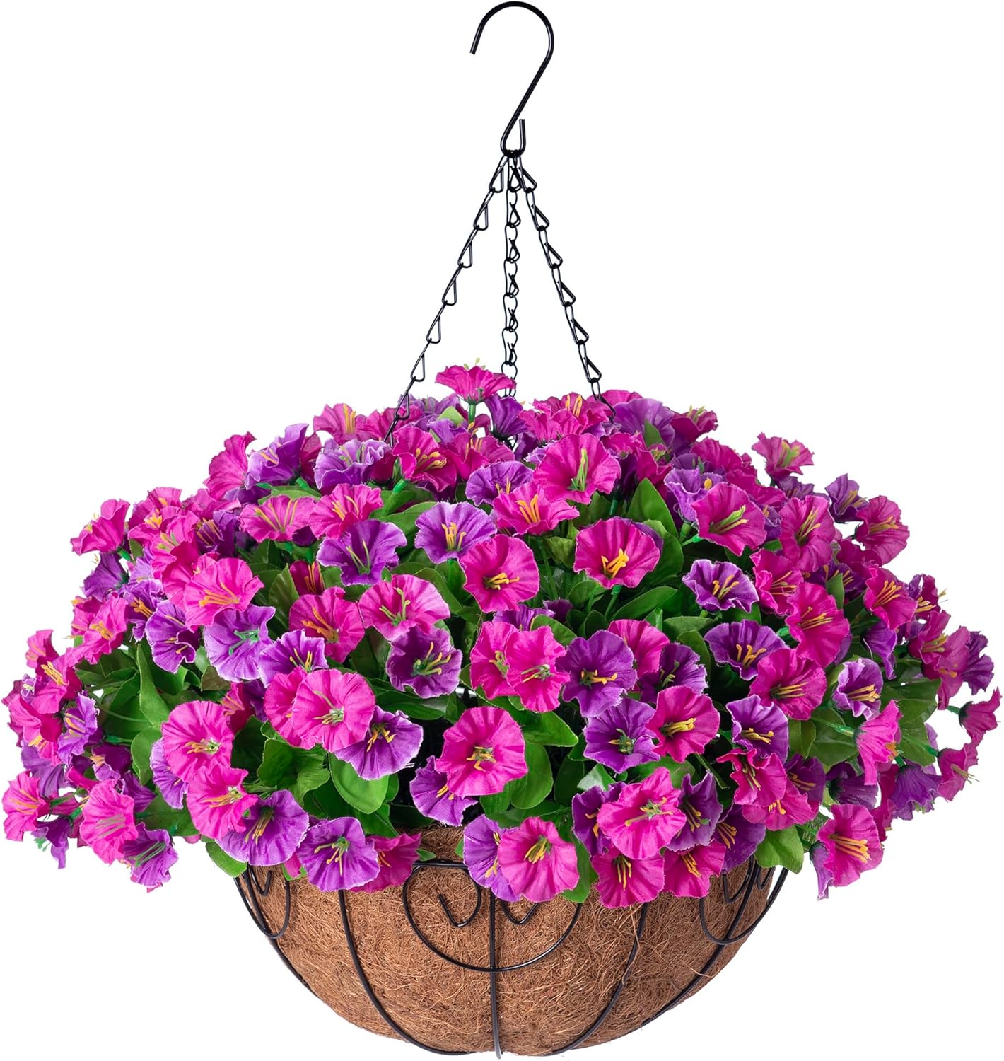 Artificial Hanging Flowers with Basket, Faux Silk Petunias Spring Flower Arrangement
