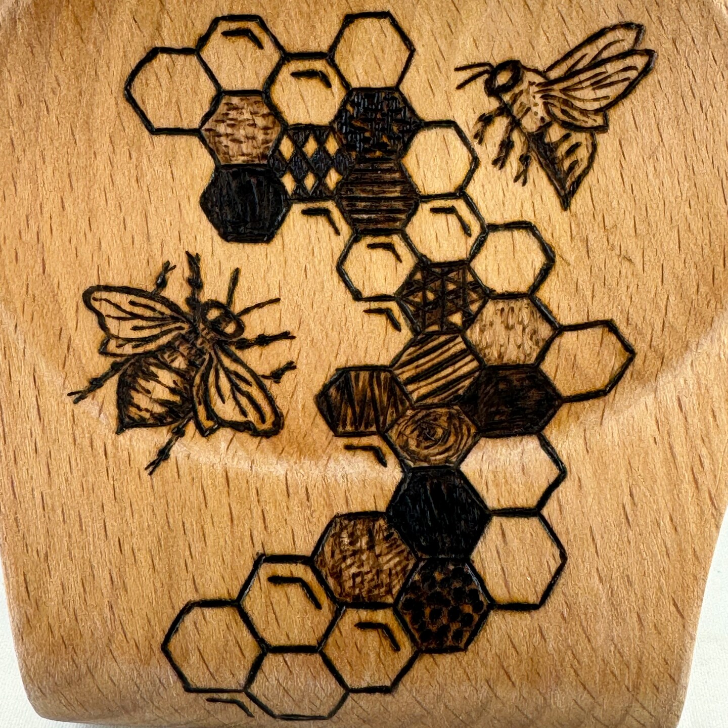 Honeybee Honeycomb Hexagons Wood Burned Spoon Rest, Pyrography