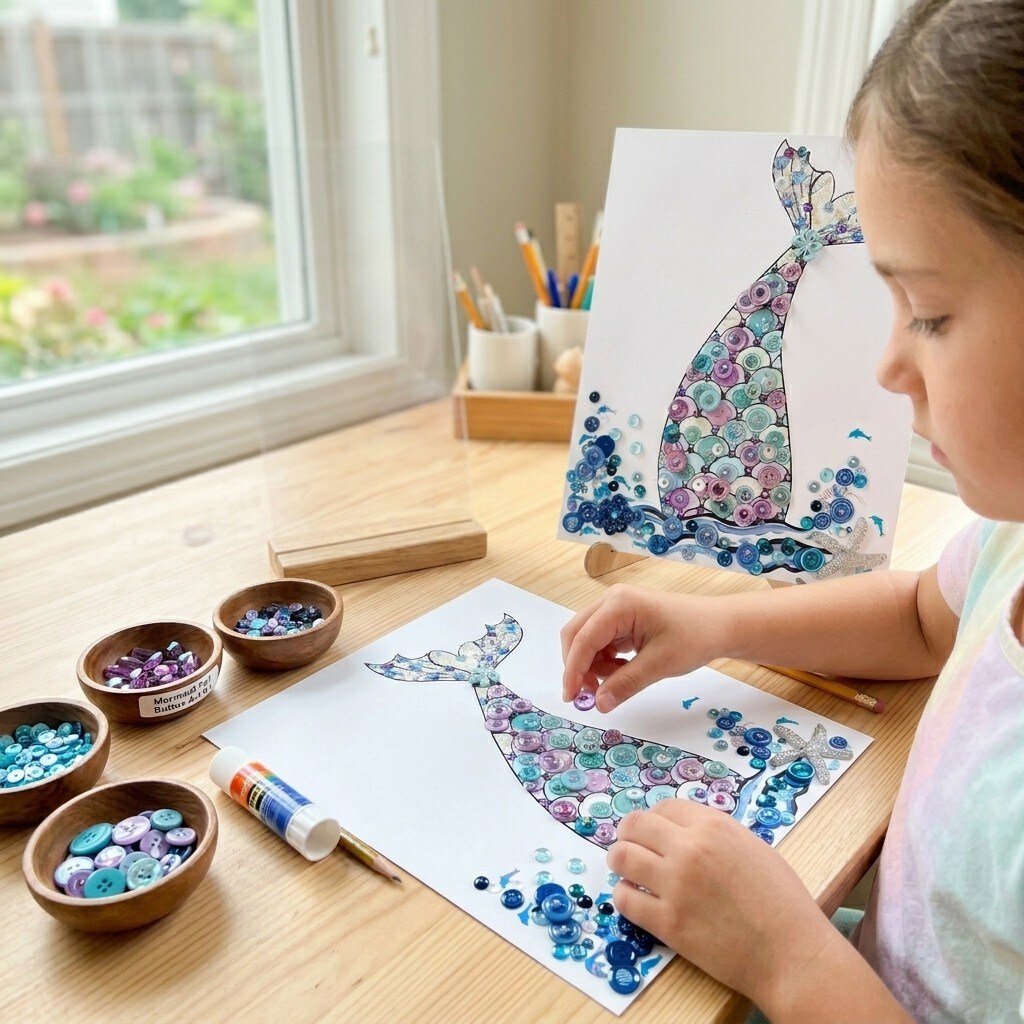 Buttons Galore and More Mermaid Tail DIY Button Art Kit – Ocean-Themed Craft Kit Craft Project for Kids & Adults