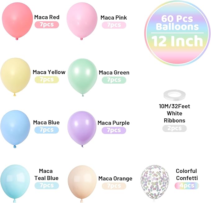 60 Pack Pastel Balloons (12 Inch) – Macaron Pink, Blue, Purple & Yellow Latex Balloons with Colorful Confetti – Easter 2026 & Spring Party Decorations – Sweet One Birthday, Baby Shower & Bridal Shower Supplies – Thickened Helium Grade Balloon Set