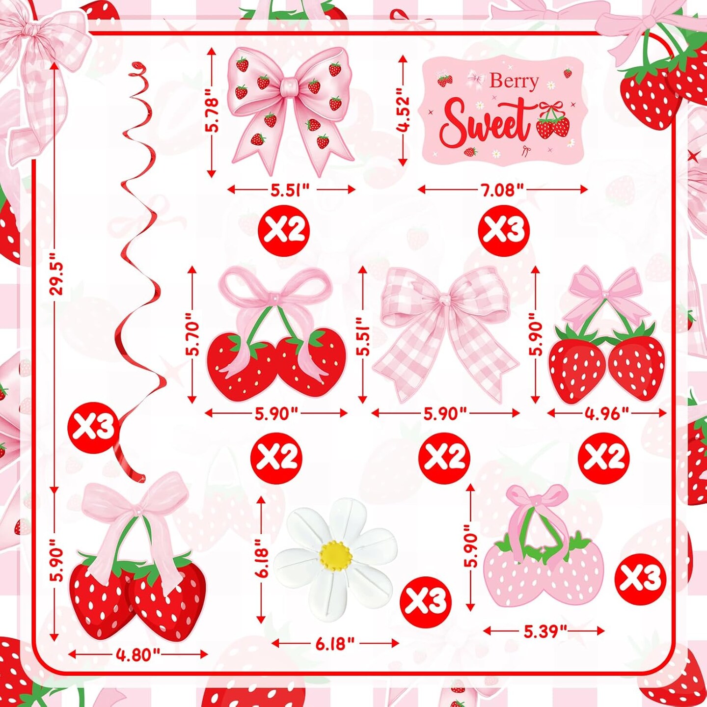 20-Piece Strawberry Bow Hanging Swirl Decorations | Berry Sweet Foil Ceiling Danglers for Summer Fruit Theme 1st Birthday, Baby Shower & Bridal Party