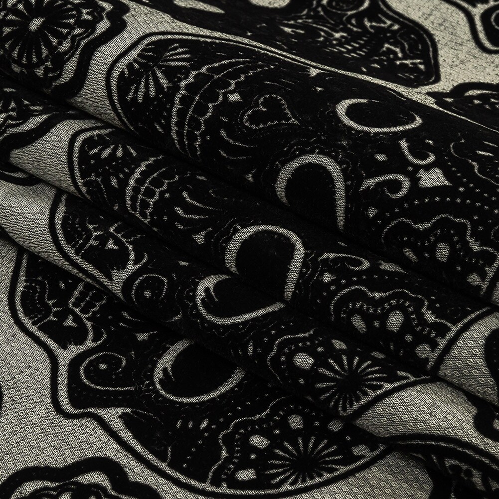 1 Yard Black Flocked Decorated Skulls on Silver Sconce Diamonds Cotton and Polyester Dobby