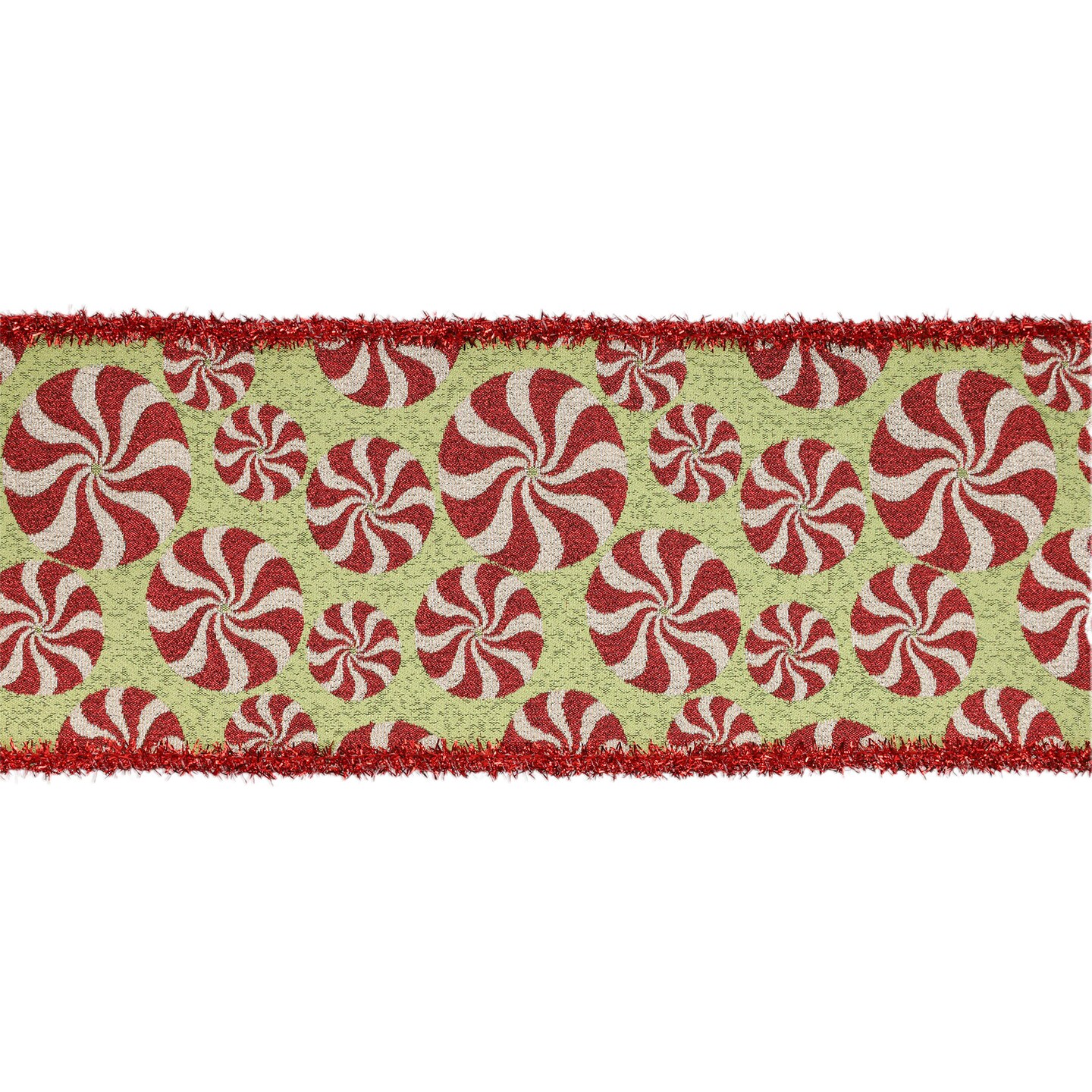 LaRibbons 4" - 2 1/2" Wired Jacquard Ribbon | Peppermint on Fuschia w/ Tinsel Edge | 5 Yard Roll