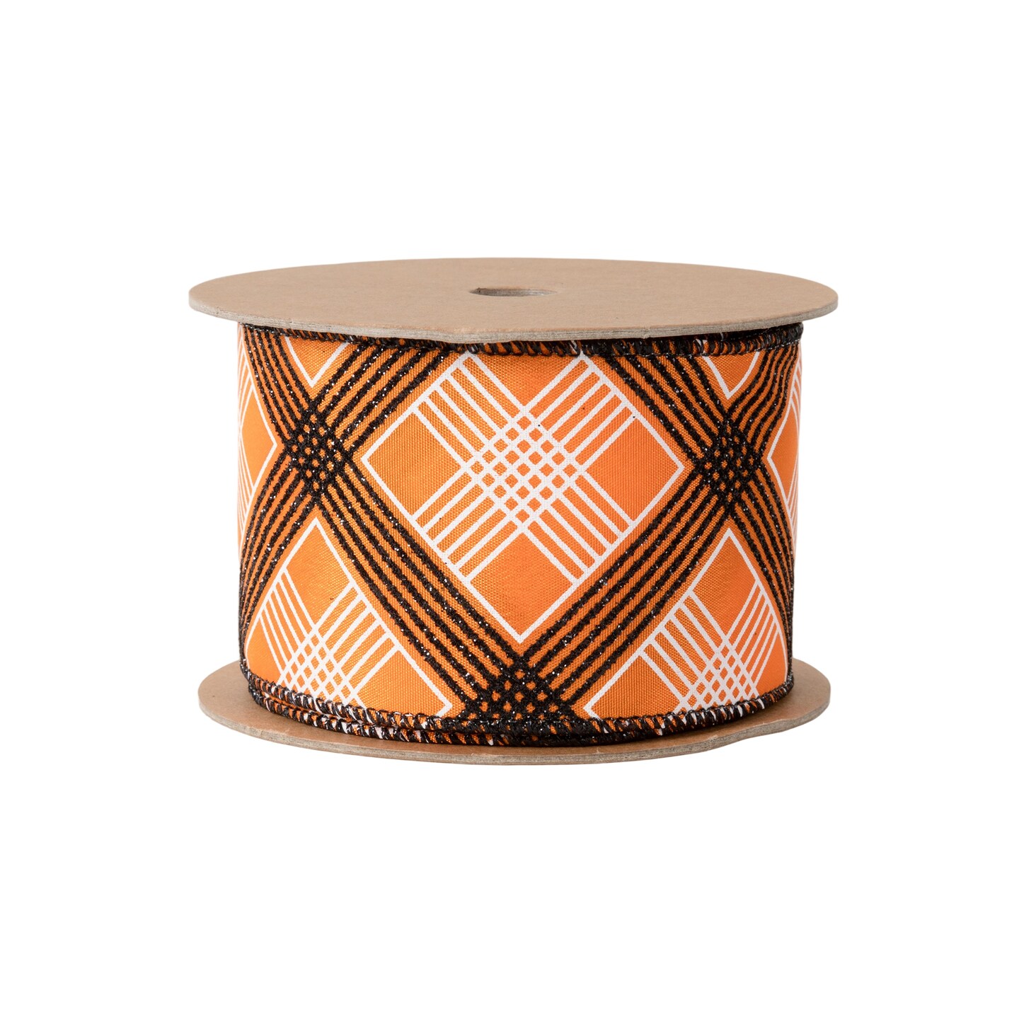 LaRibbons 2 1/2&#x22; Wired Ribbon | Black/White Bias Plaid on Orange | 10 Yard Roll