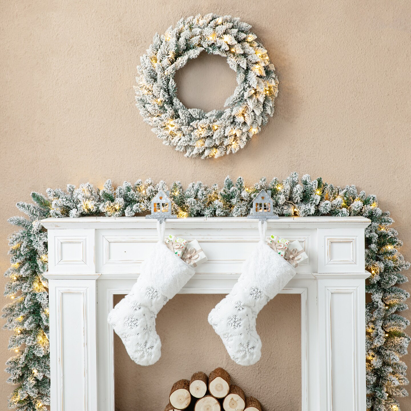 Set of 4 6ft Christmas Garlands, with Warm White LED Lights and Timer, Three Function