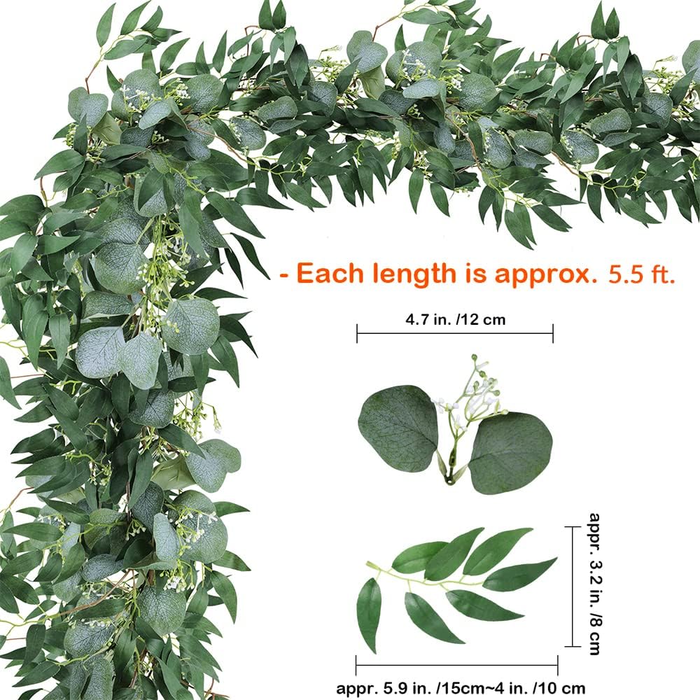 Fake Greenery Garlands Artificial Silver Dollar Eucalyptus Garland in Grey Green and Willow Twigs Garland Intertwined Together for Rustic Wedding Arch Swag Doorways Table Runner Decoration
