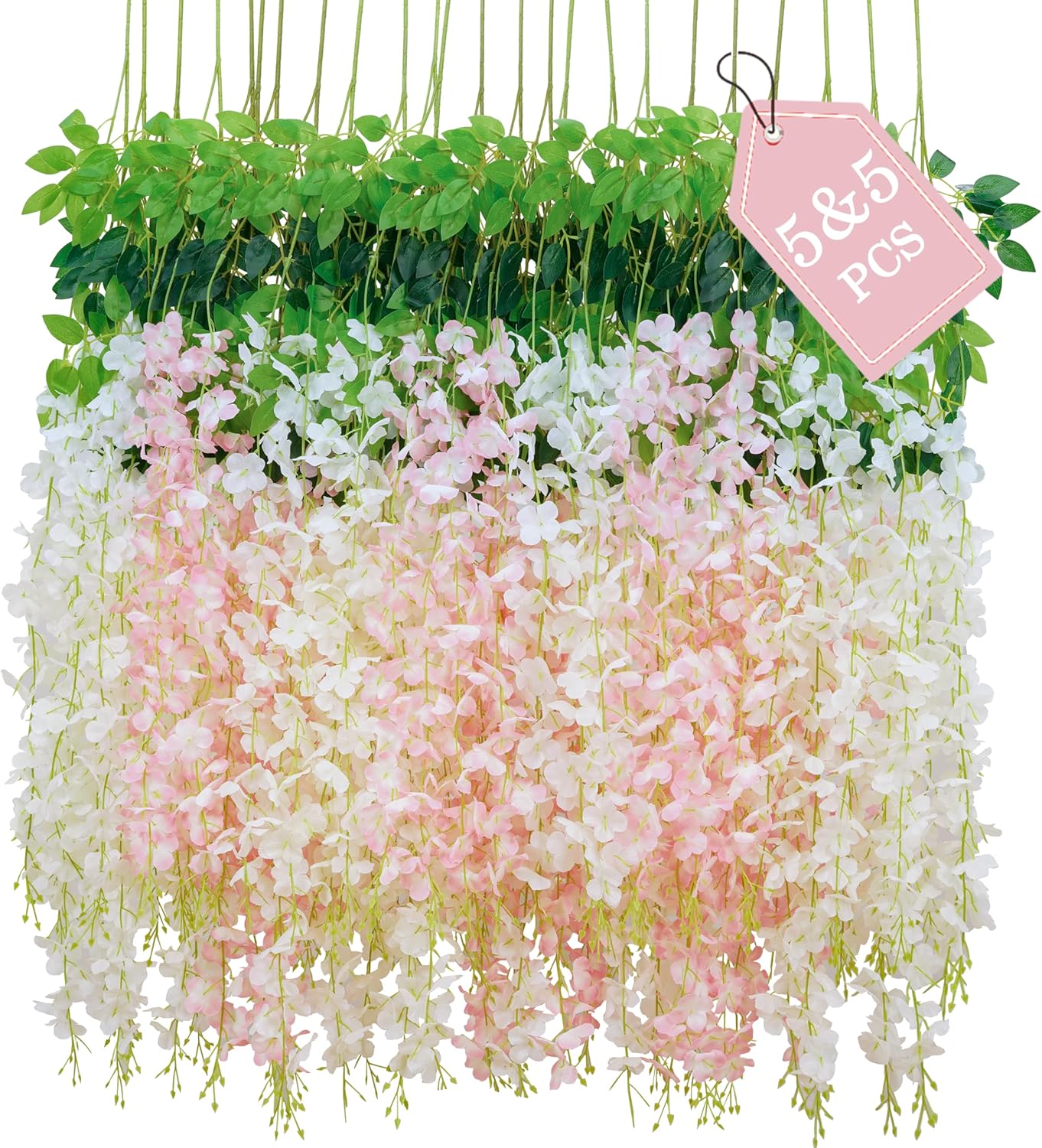 10Pcs White & Pink Fake Wisteria Hanging Flowers, 3.6Ft/Pcs Artificial Wisteria Garland