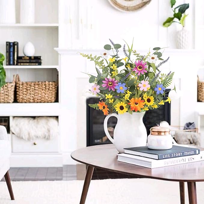 2 Bundles Artificial Daisy Flowers Fake Silk Spring Flowers Colorful Flowers Fake Wildflowers Bouquet for Home Indoor Table Vase Wedding Party Decor (20in)