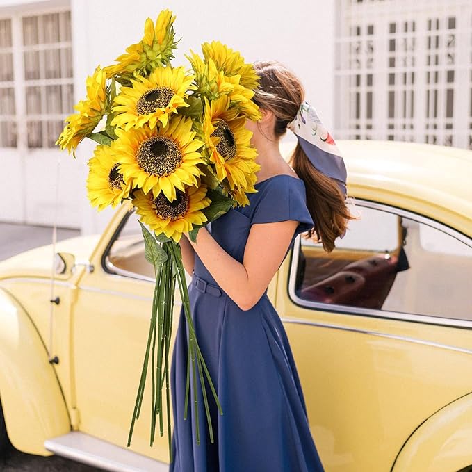 Large Sunflowers Artificial Flowers 9&#x22; Full Bloom Long Stem Artificial Sunflower 33&#x22; Tall Sun Flowers Giant Silk Sunflowers with Stem Fake Sunflower Floral Arrangement for Home Wedding Decoration