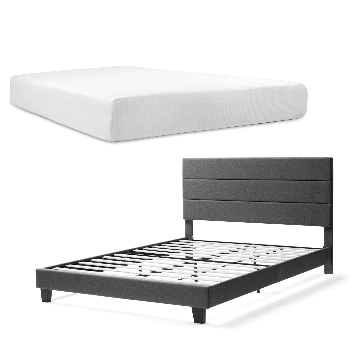 Nestl Bed Frame with Green Tea Graphite Memory Foam Mattress and Horizontal Channel Upholstered Headboard