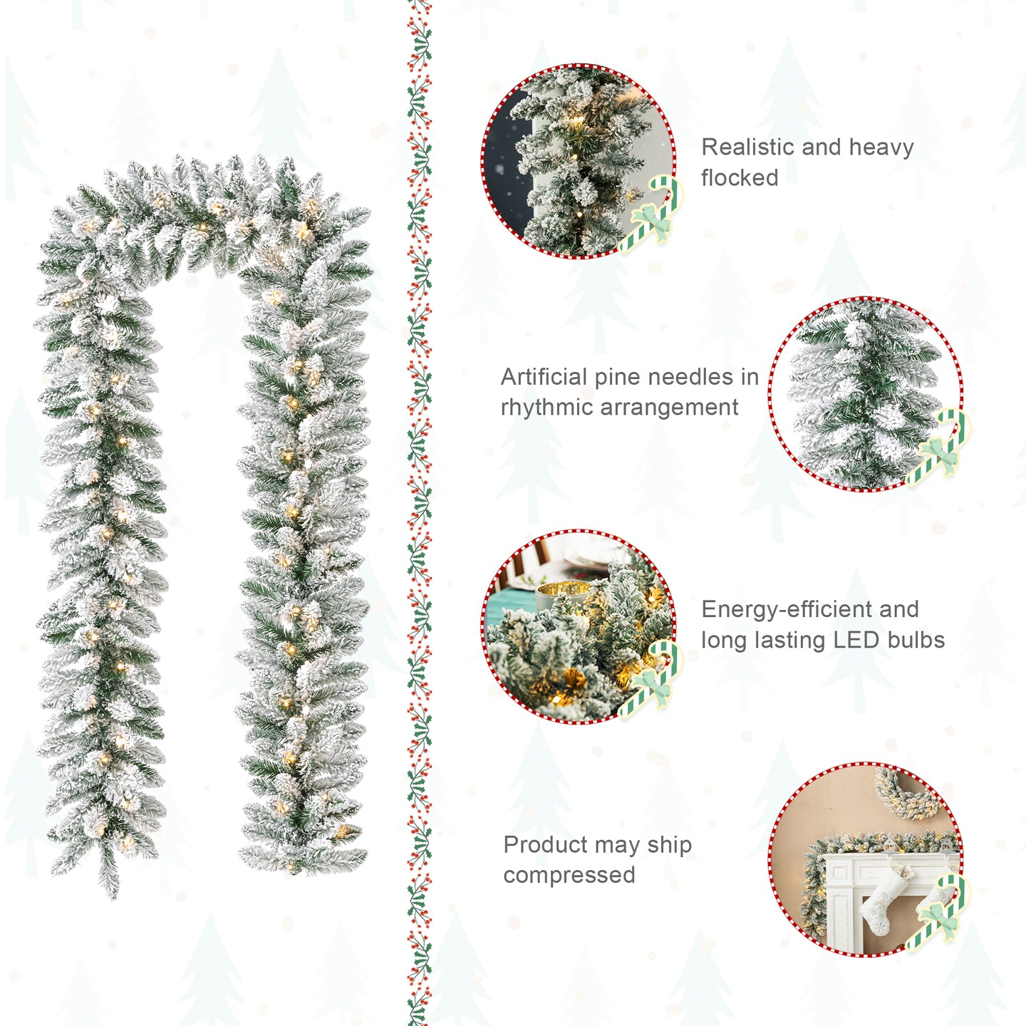 Set of 4 6ft Christmas Garlands, with Warm White LED Lights and Timer, Three Function