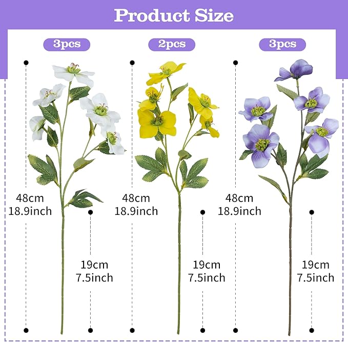 8PCS Artificial Anemone Flower White Purple Yellow Realistic Faux Poppy Flowers with Stems 19" Silk Mixed Spring Floral Arrangement Fake Wildflowers for Home Wedding Decor Indoor