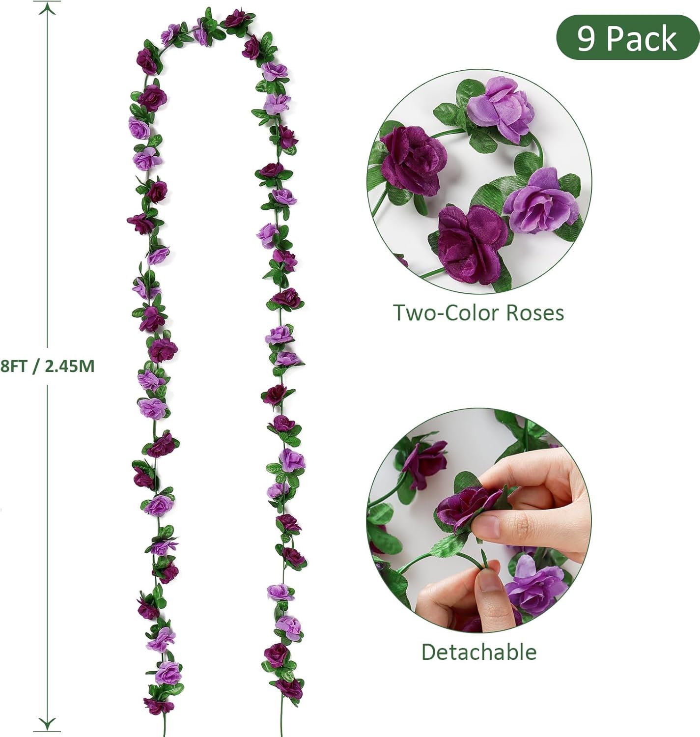 9 Pack 72 FT Artificial Spring Flower Garland, Fake Purple Roses Vines Silk Flowers Faux Plastic Outdoor Hanging Floral Ivy Garland Decoration