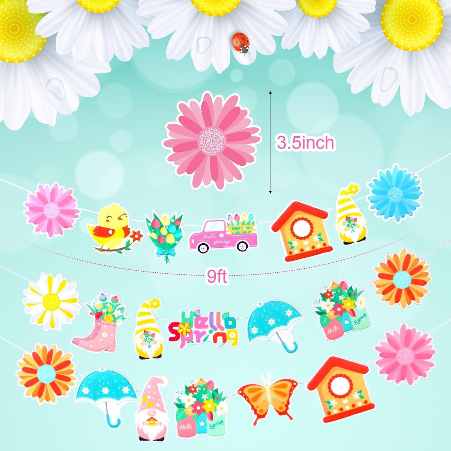 9ft 4 Pcs Hello Spring Banner Colorful Felt Flower Garlands Spring Party Hanging Decorations Daisy Butterfly Gnome Banner Garlands for Easter Office Home Wall Fireplace Window Tree Decor