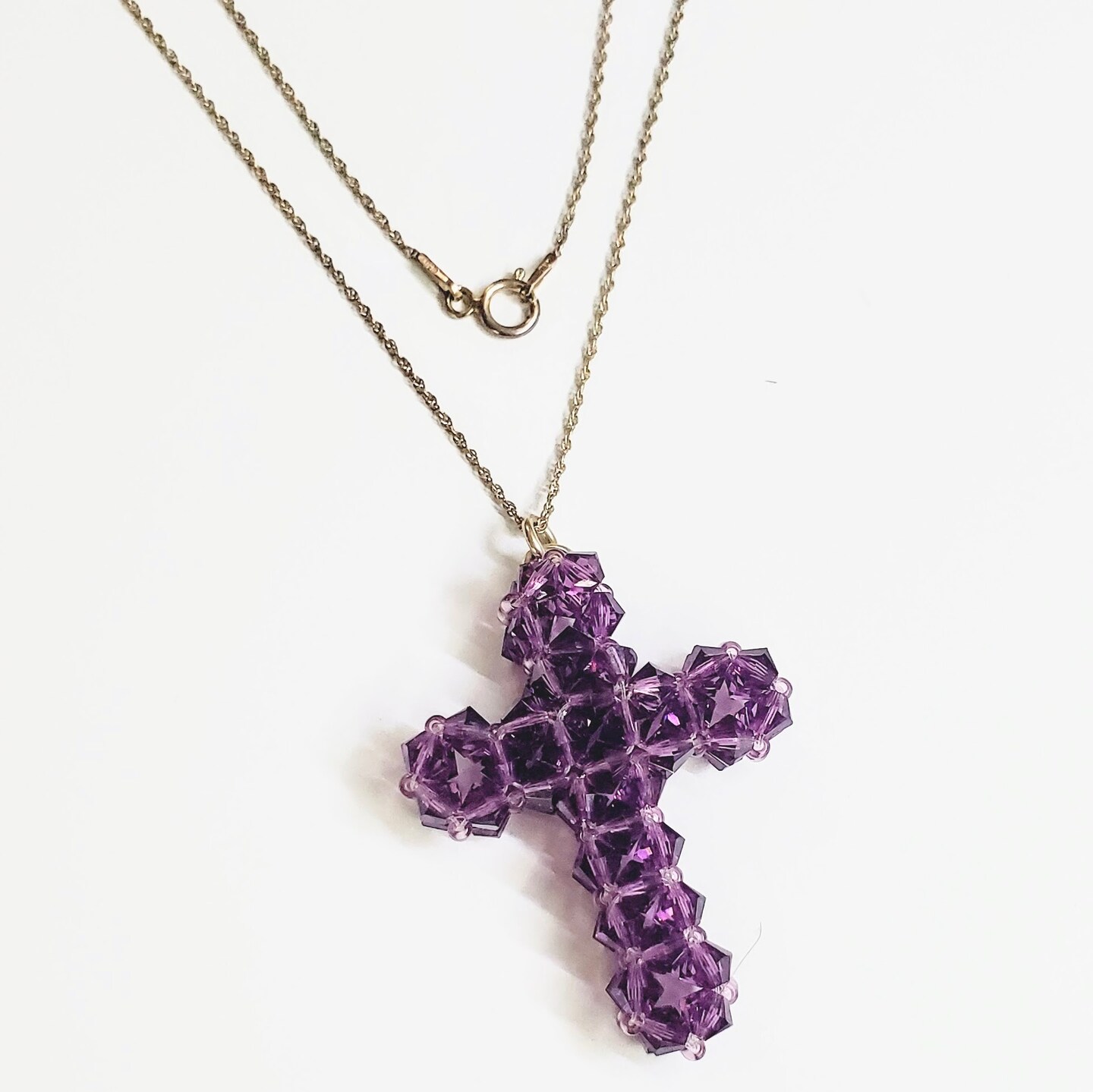 Handmade 3D Bead-Woven Purple Velvet Swarovski Crystal Cross
