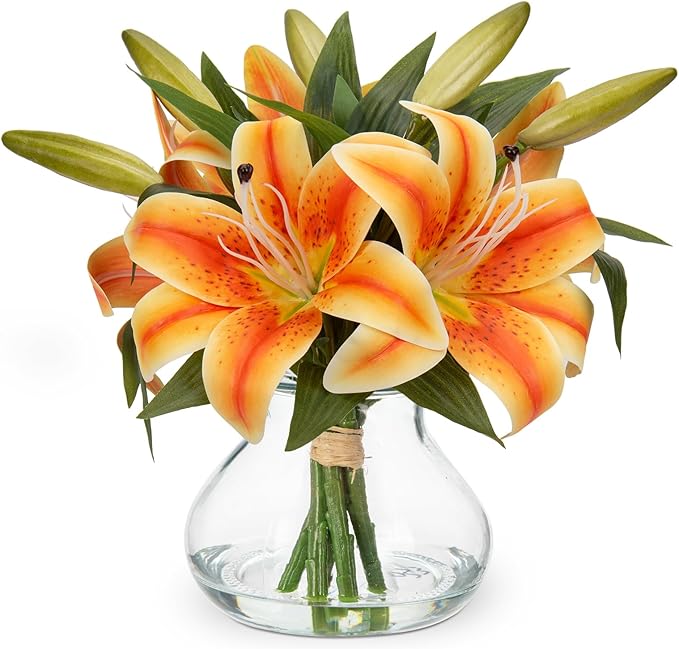 Tiger Lily Fall Flower Arrangement in Glass Vase – Real-Touch Orange Silk Flowers with Faux Water for Autumn Home Decor, Centerpiece & Seasonal Decorations