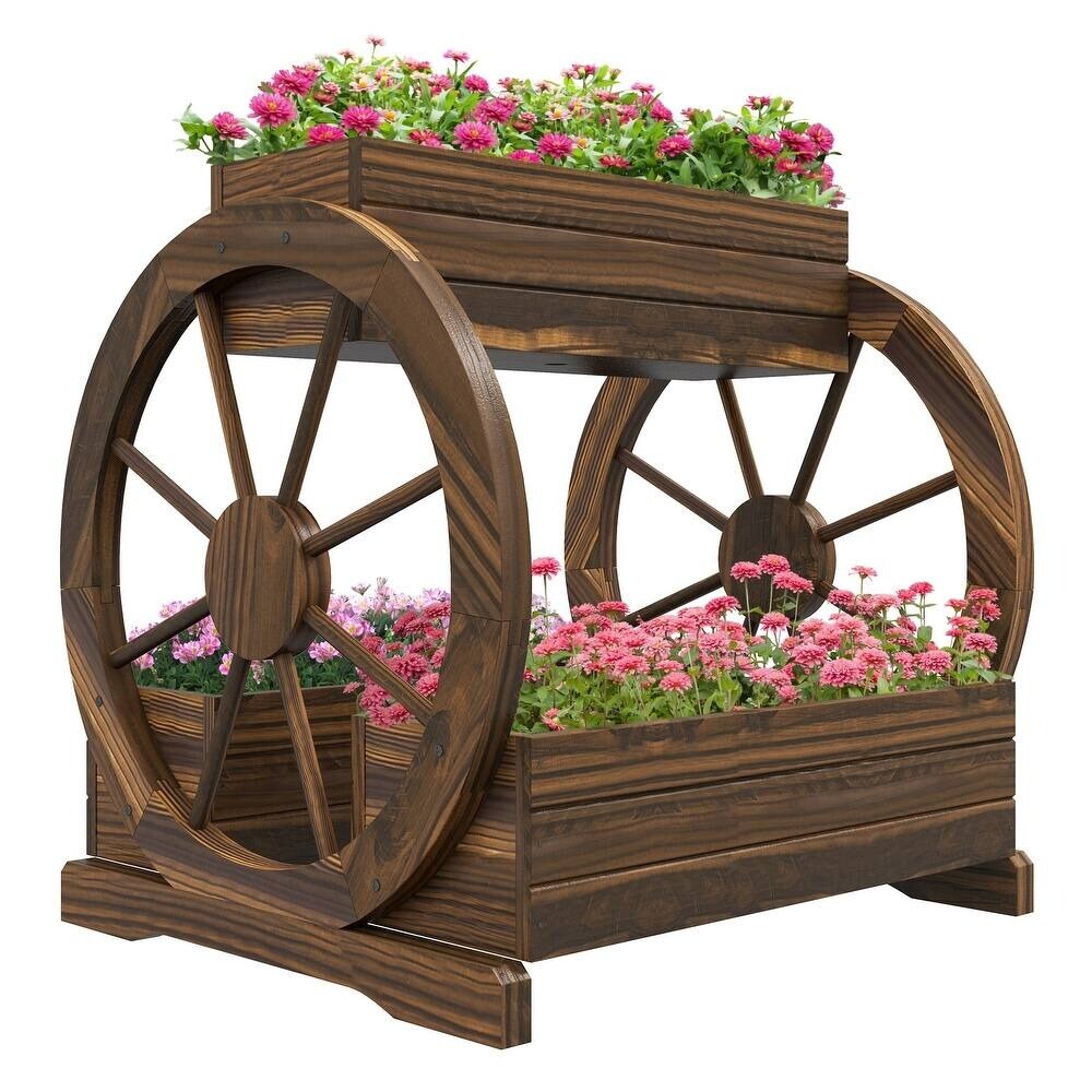 2-Tier Wooden Wagon Planter Bed with Drainage