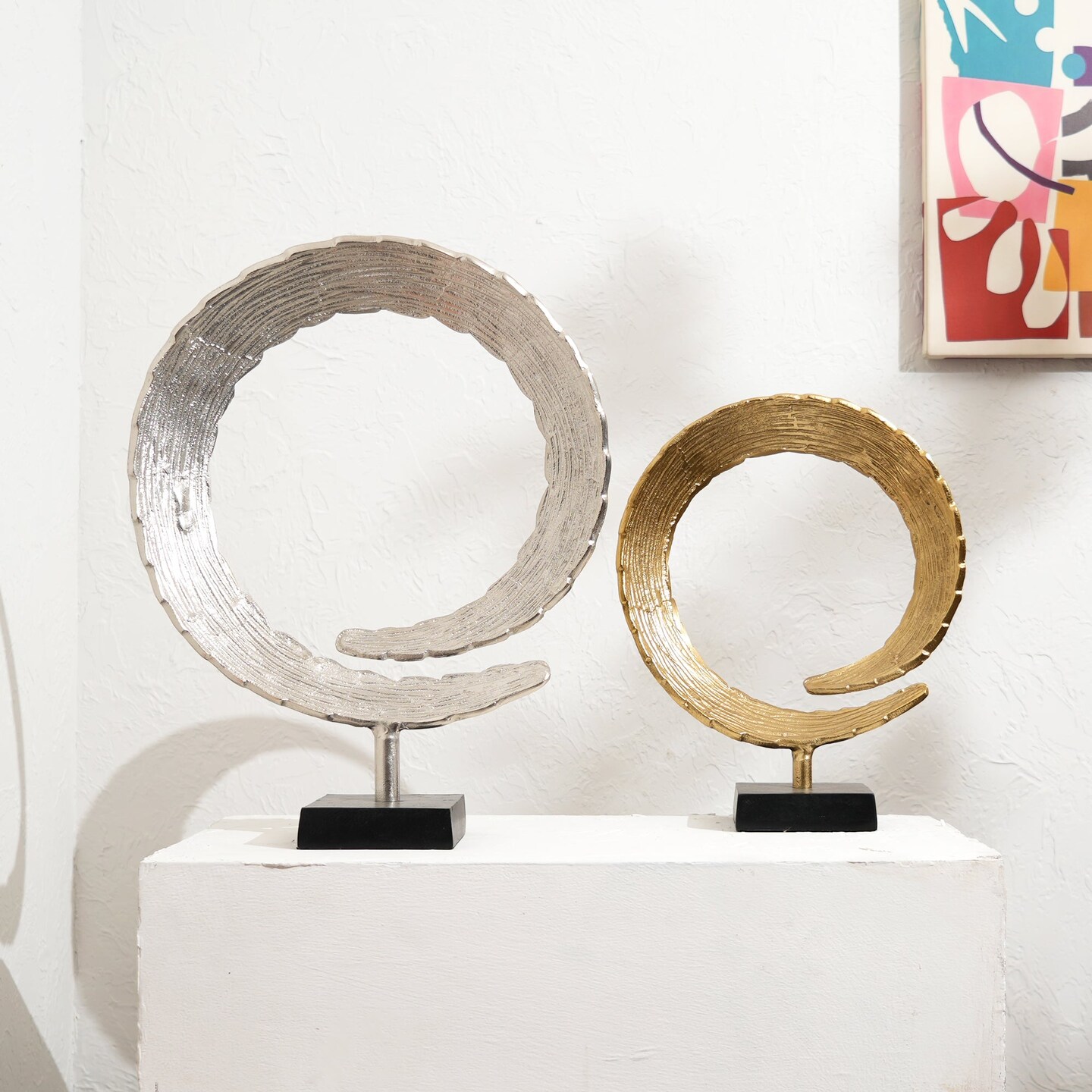Dual Harmony Rings Sculpture – Set of 2 Modern Aluminum Art Pieces-14x4.5x18"