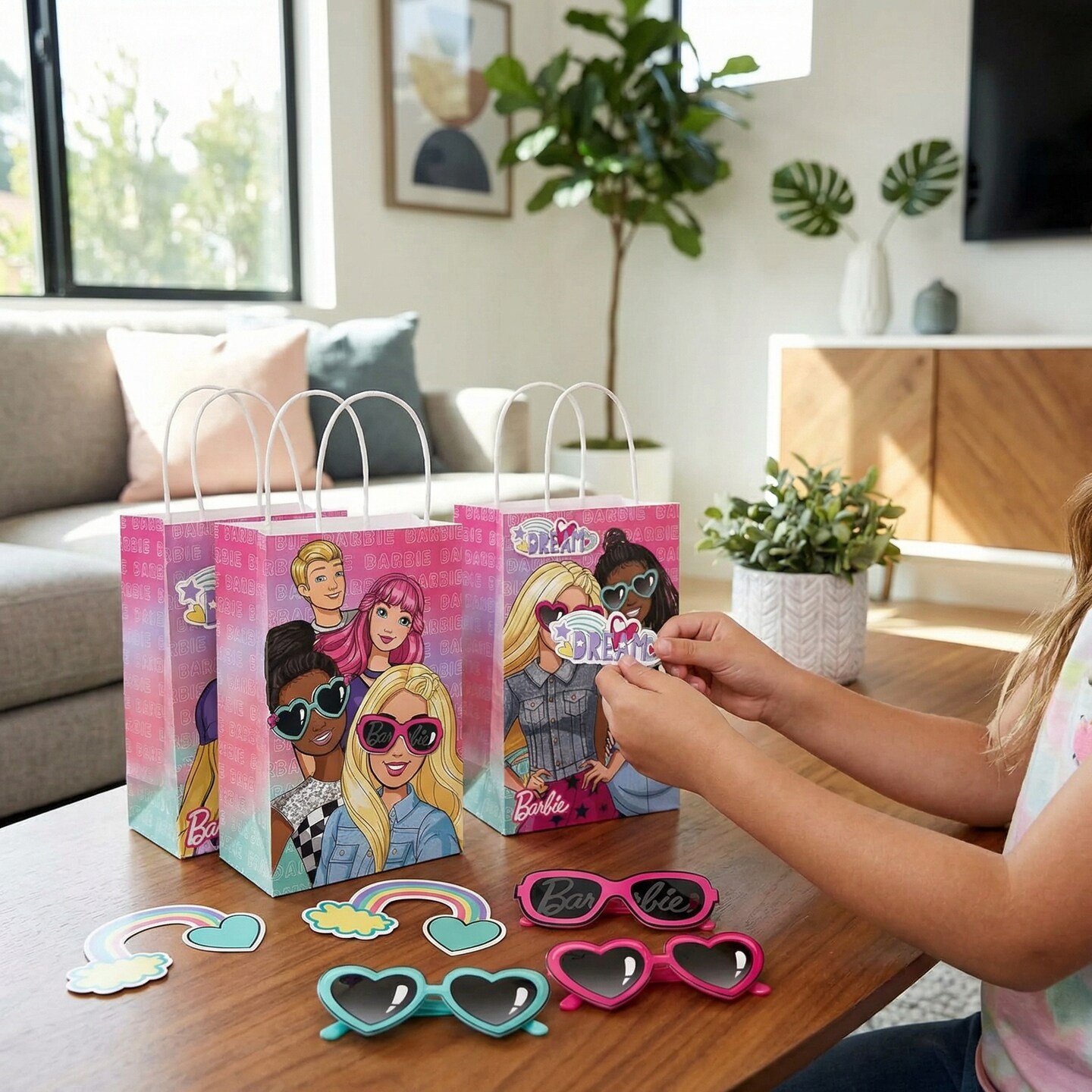 Barbie Dream Together Multicolor Create-Your-Own Paper Gift Bags w/ Add-Ons, Pack of 8, 8.25 x 5 x 3.25 Party Favor Bags for Kids Birthday Treats