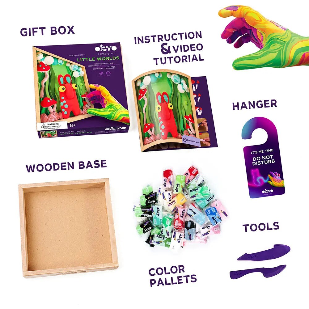 OKTO | DIY 3D Creative Air Dry Clay Modeling Kit for KIDS | "Little Worlds" Mommy TROLL | Wooden Frame 8.3x8.3 inch