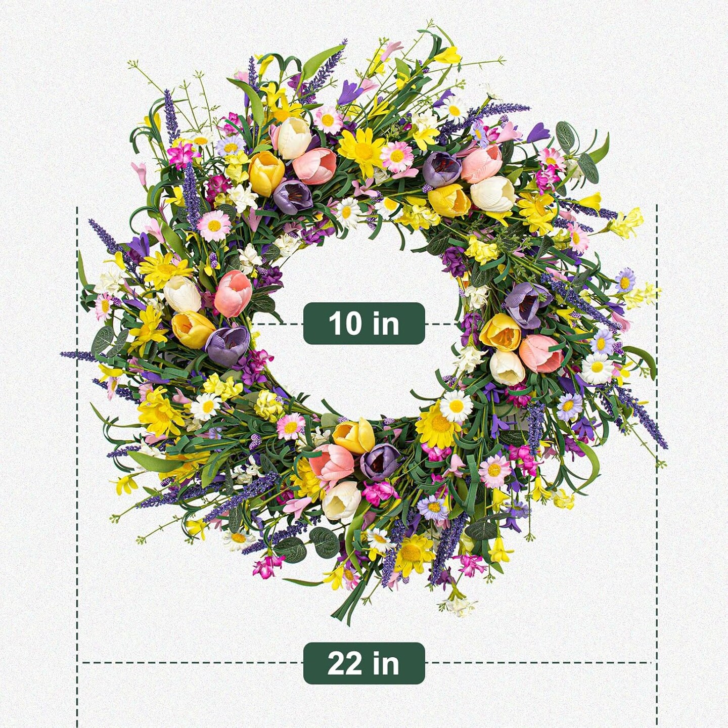 22-Inch Handmade Spring & Summer Wreath for Front Door – Artificial Tulip, Daisy & Lavender Floral Wreath on Natural Grapevine Base for Indoor & Covered Outdoor Décor