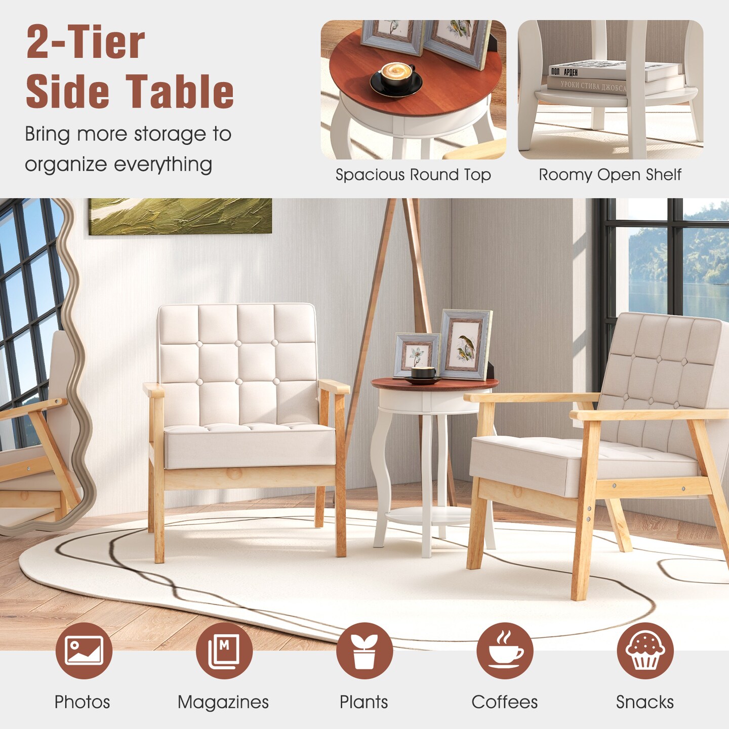 Round Side Table 2 Tier with Storage Shelf and Solid Wood Legs