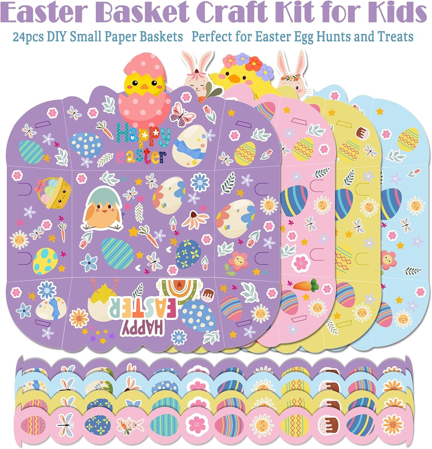 24-Pack Easter Baskets for Kids – Cute Rabbit & Chick Designs with Handles – Bulk Easter Gift Baskets for Egg Hunts, School Parties & Family Events
