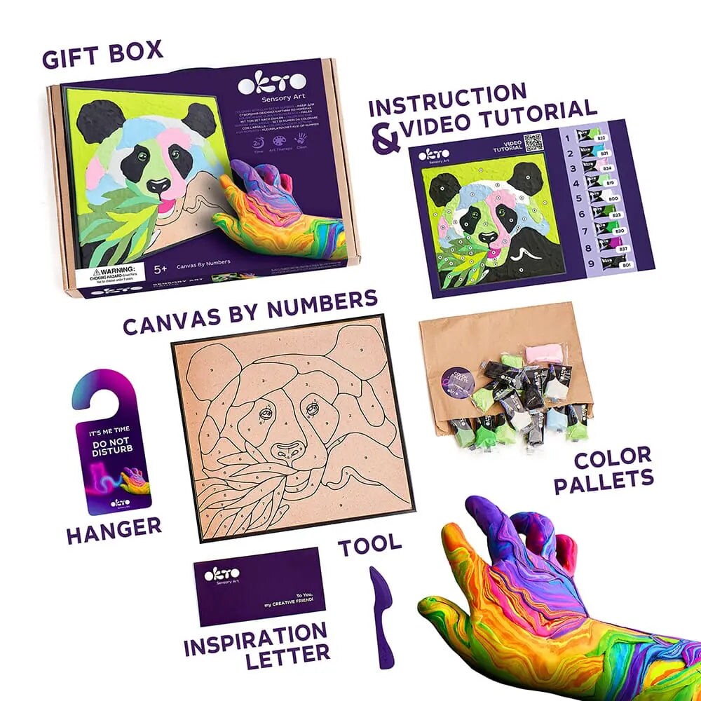 OKTO | DIY 3D Creative Air Dry Clay Kit | Kids Painting by Numbers Coloring Set | PANDA | Frame 11.8x11.8 in