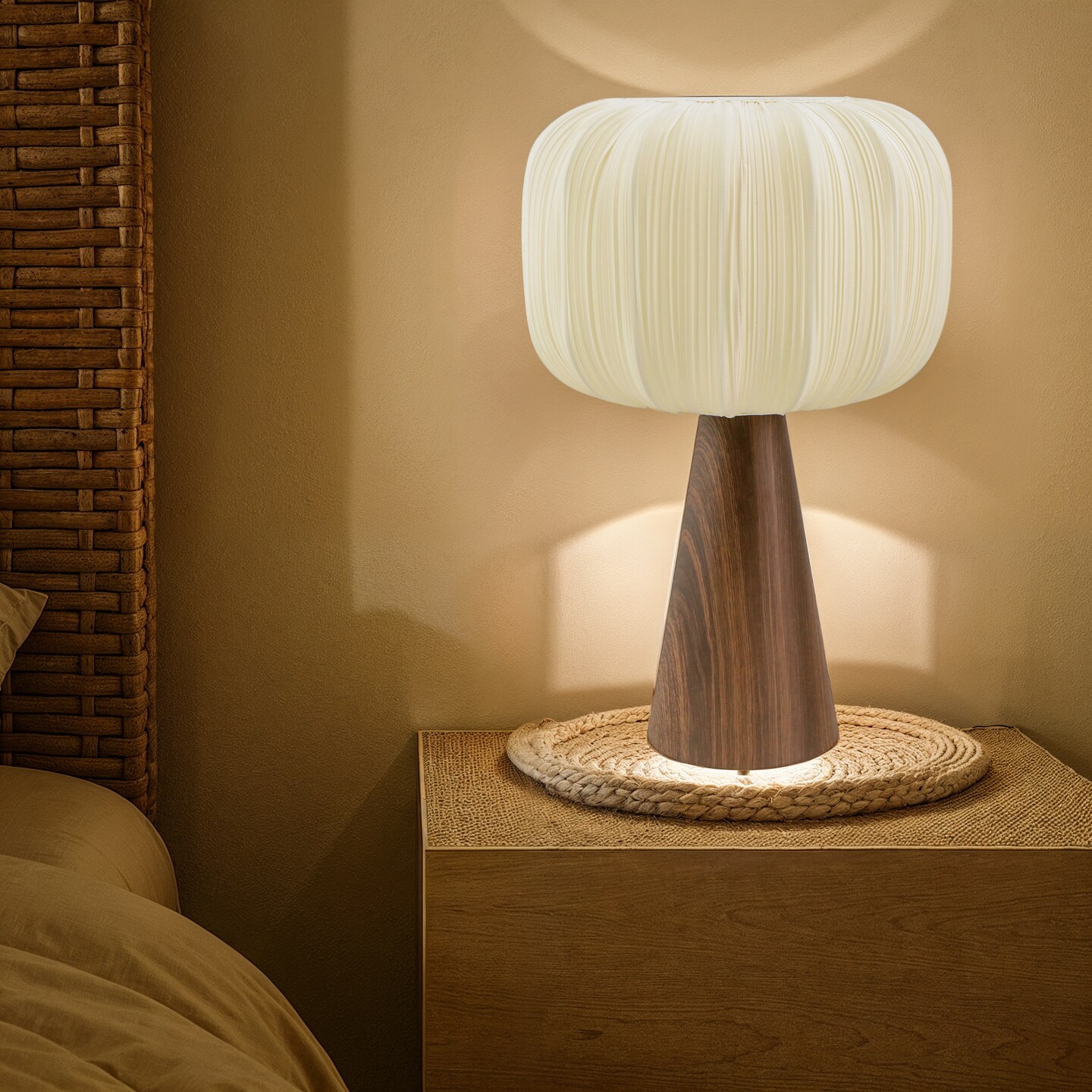 Hello Honey Metal Table Lamp with Pleated Fabric Shade and Inline Switch, Wood Finish