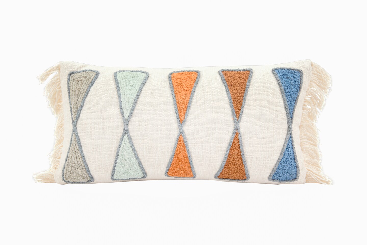 Hello Honey Cotton Lumbar Pillow with Embroidery and Fringe, Blue Multicolor