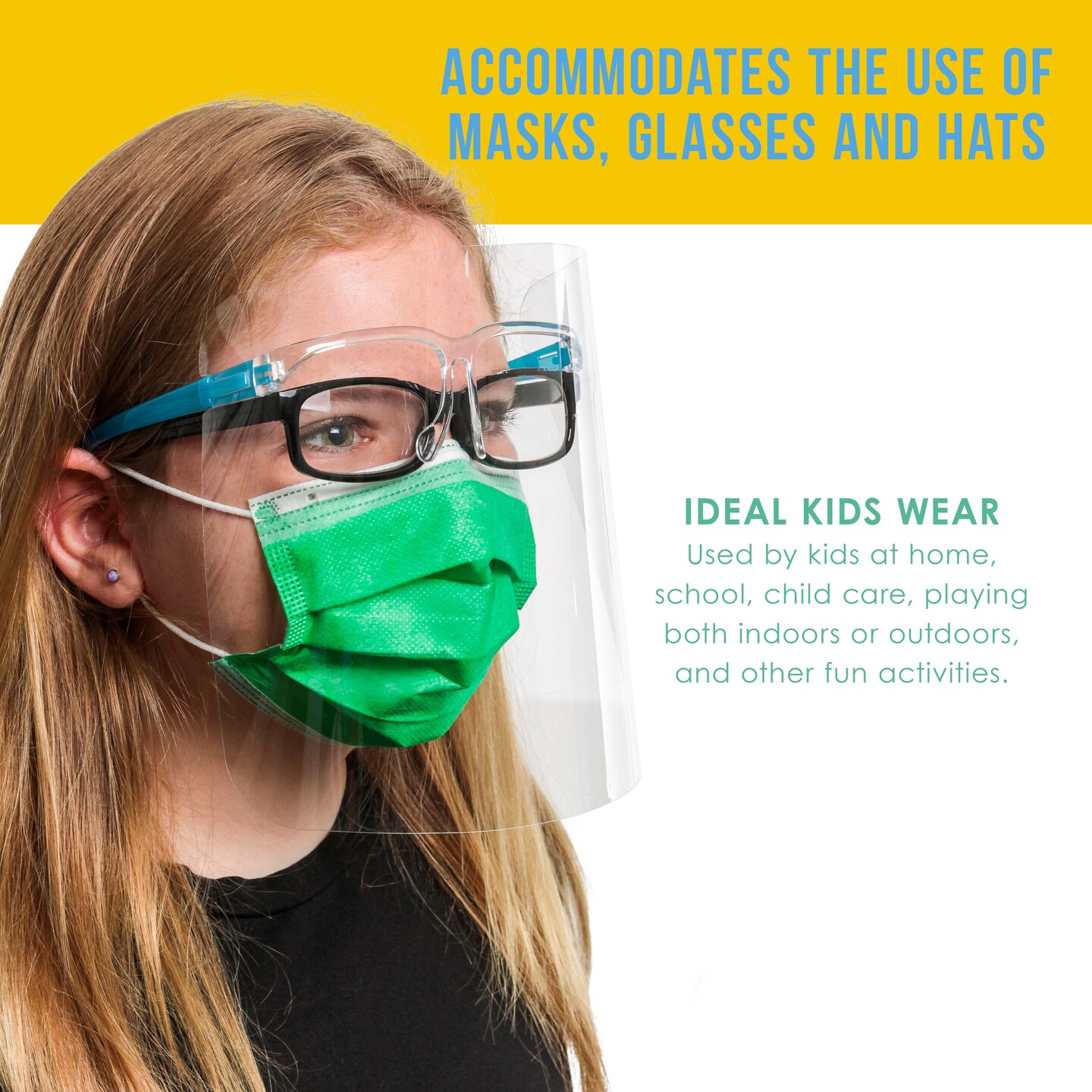 200 Kids Face Shields with Glasses Frames (20 Packs of 10) - 5 Colors, 40 Each - Protective Children&#x27;s Full Face Shields - Anti-Fog PET Plastic