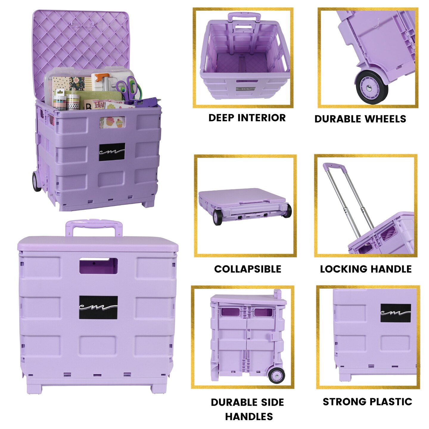 Collapsible Plastic Rolling Craft Cart, Purple