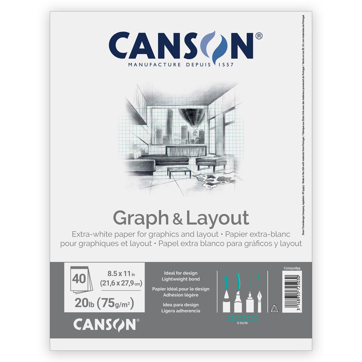 Canson Artist Series Graph And Layout Pad 8/8 Grid 8.5"X11"-Fold Over, 40 Sheets