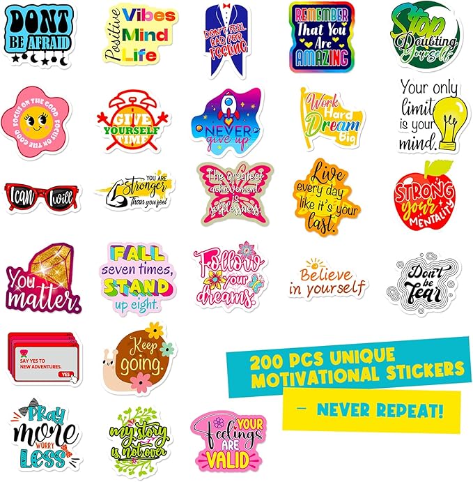 200PCS Motivational Stickers, Inspirational Positive Affirmation Stickers for Water Bottles, Laptop and Office/School Supplies, Vinyl Waterproof Sticker Suitable for Adults, Teens, and Teachers
