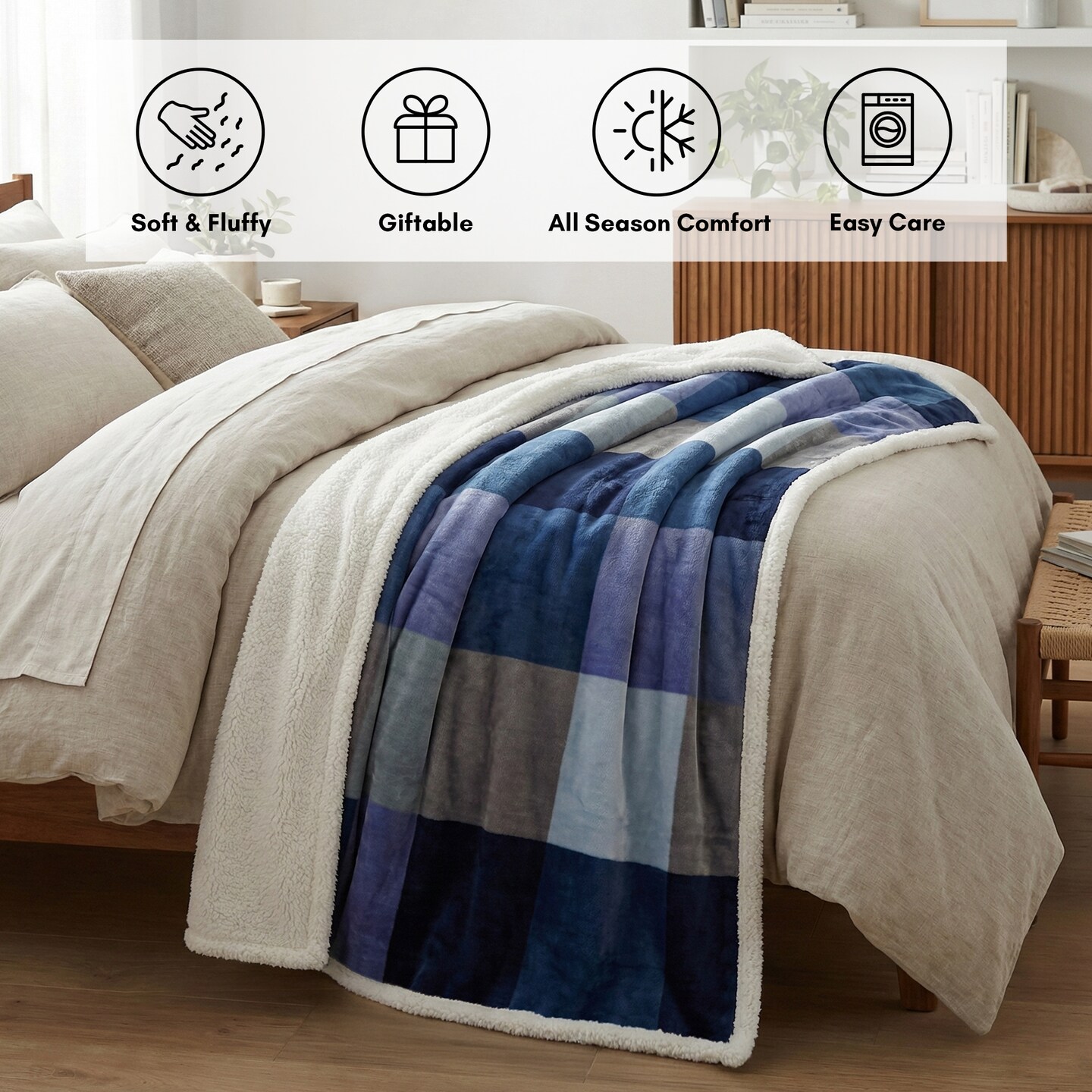 Americanflat 60x80 Oversized Plaid Fleece Throw Blanket - Reversible Sherpa Backing - Ultra Soft Plush Comfort - Cozy Warmth For Couch Or Bed - Blue