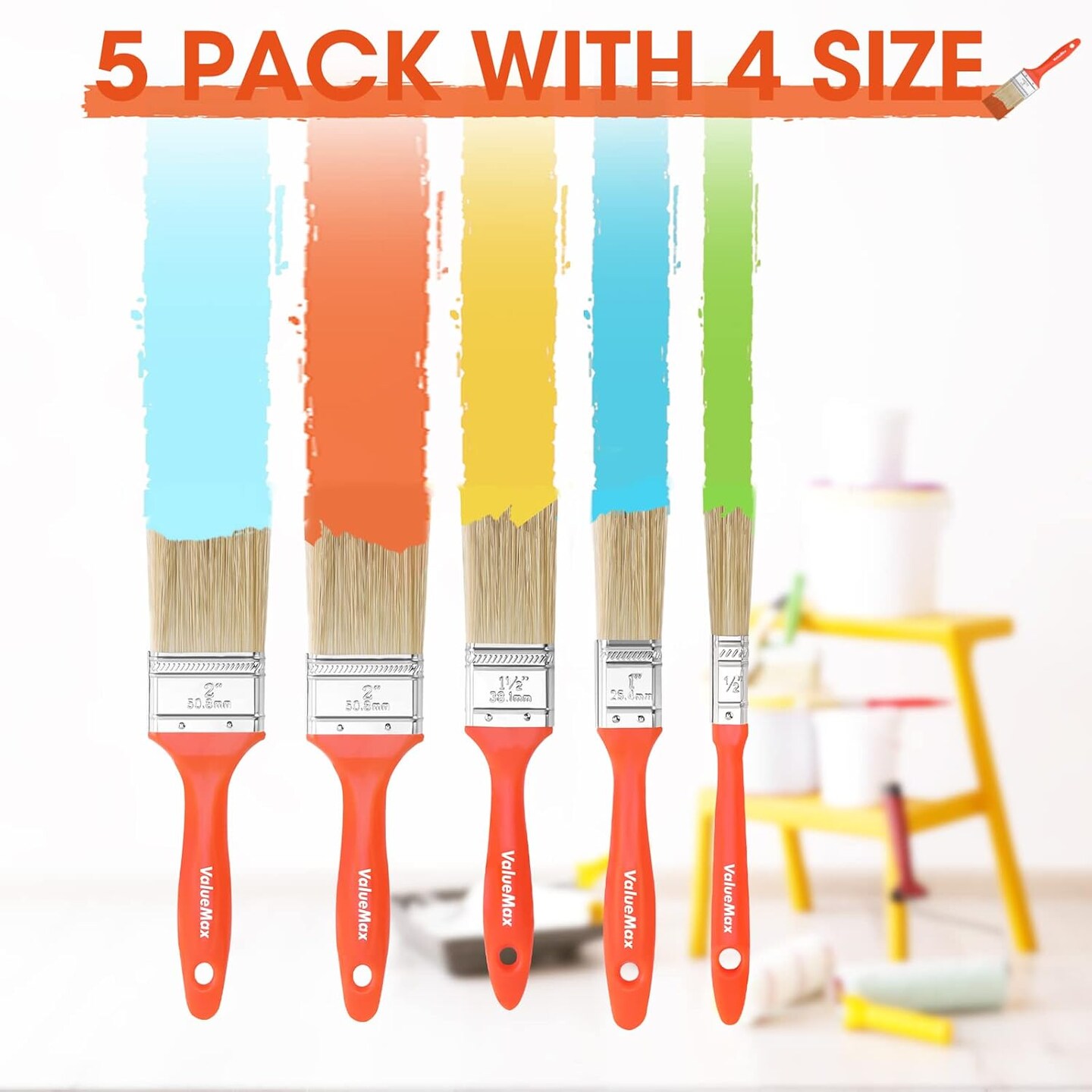 Paint Brushes 5-Pack, Paint Brush Set with 4 Sizes, Professional Wall Brush, Flat Small Paintbrushes with Comfortable Handle