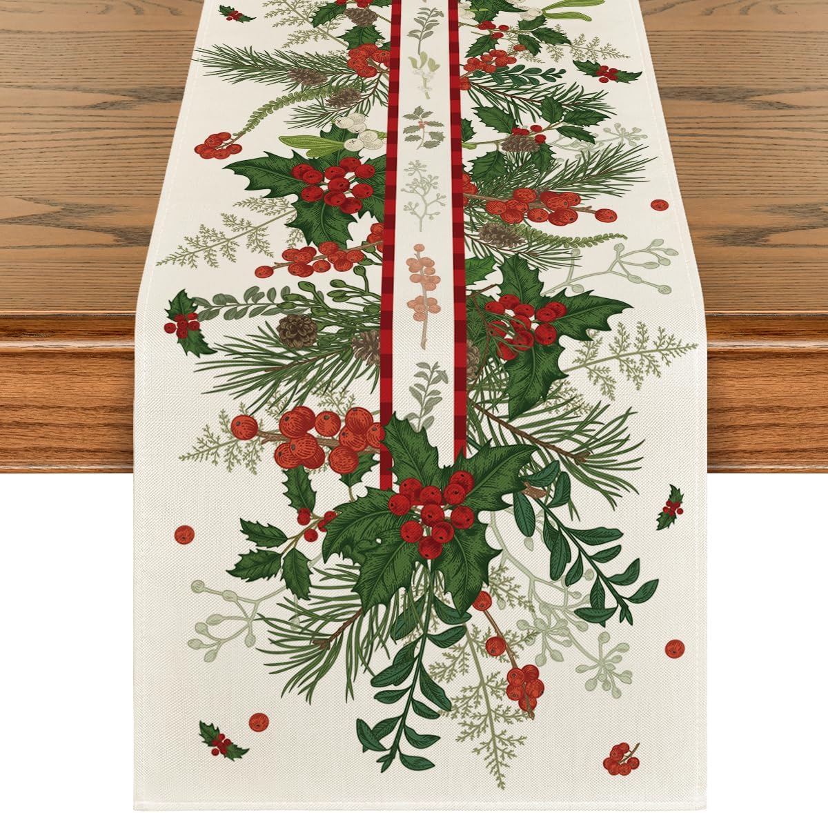 Holly Pine Cone Leaves Floral Christmas Table Runner, Seasonal Winter Kitchen Dining Table Decoration for Home Party Decor 13x72 Inch