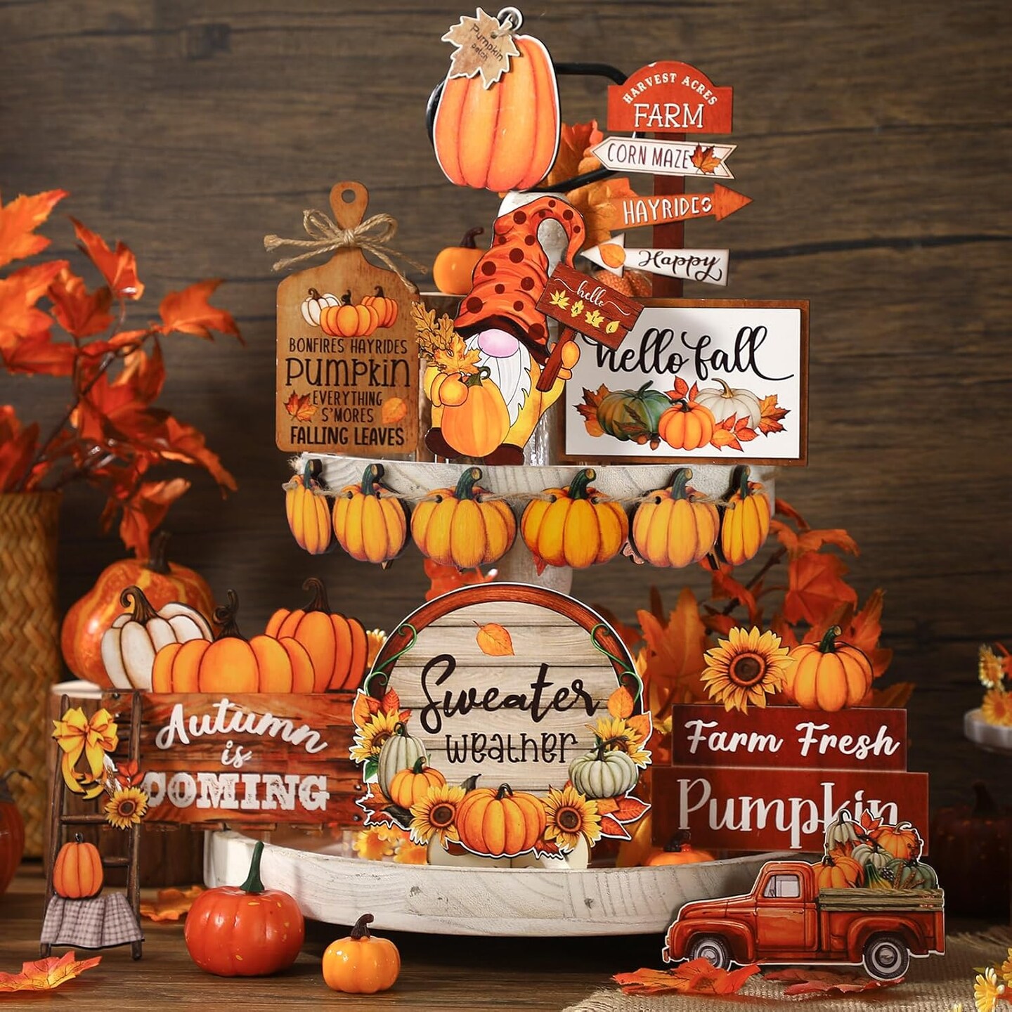 16 Pcs Fall Tiered Tray Decor Pumpkin Gnome Truck Wooden Signs Fall Table Decorations Centerpieces Farmhouse Decor for Home Autumn Harvest Table Shelf Decor