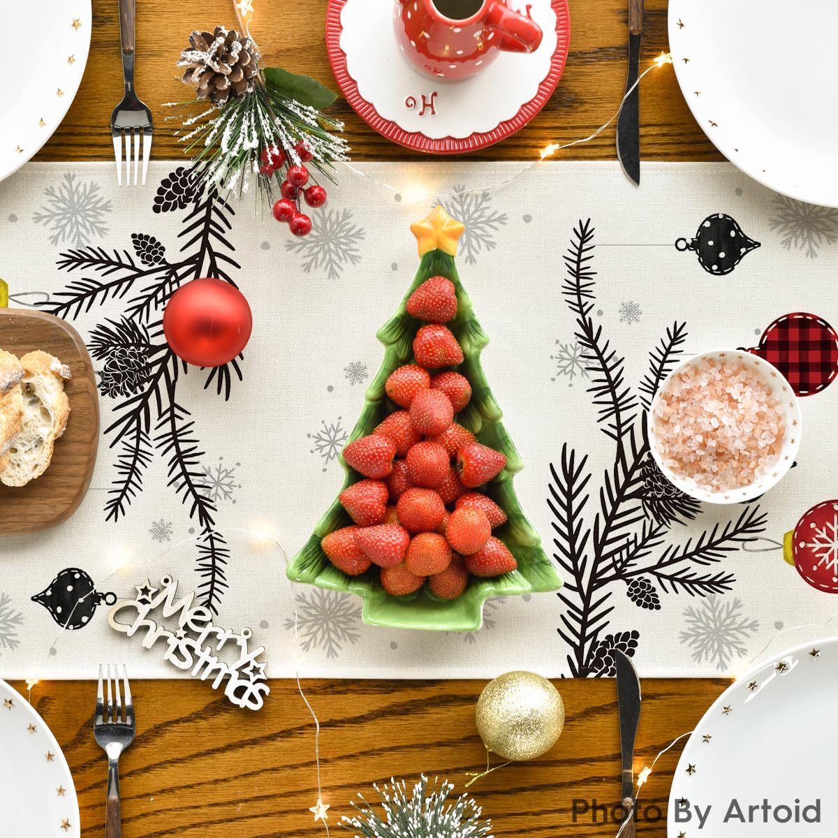 Red Pine Trees Merry Christmas Table Runner, Winter Xmas Holiday Kitchen Dining Table Decoration for Home Party Decor 13x72 Inch