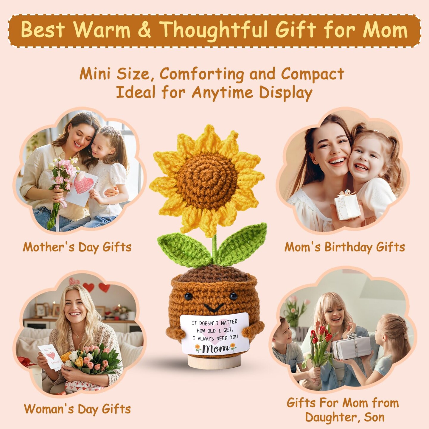 Gifts for Mom Mothers Day: from Daughter Son Kids Mini Gifts for Mom Mama Handmade Crochet Cute Small Sunflowe Doll Gift Christmas Birthday Present Idea for Mother Knitted Decor 6.69 x 2.75inch