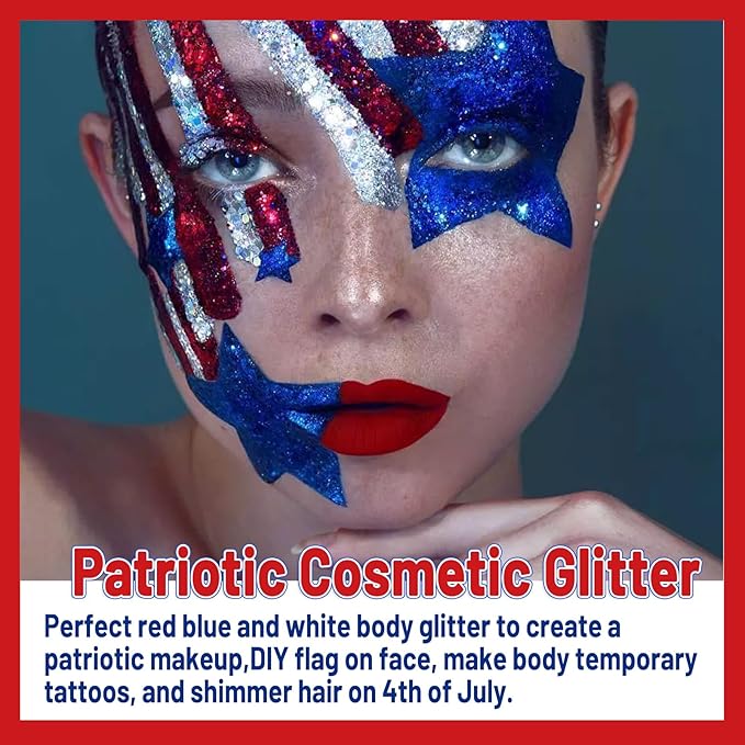 Chunky Body Glitter 4 Colors Cosmetic Patriotic Face Glitter Independence Day Hair Sequins Sparkle Veterans Day Eye Flakes 4th of July Accessories for Olympics Party Women Face Paint Makeup