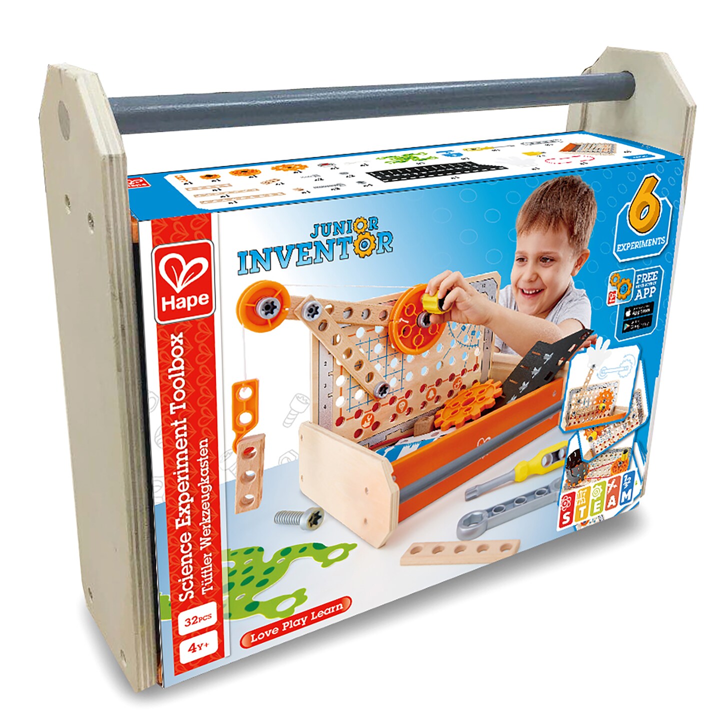 Hape: Junior Inventor: Science Experiment Toolbox - 32pc, Wooden Building Toy, 6 Experiments, Gears & Movement, STEM Mechanical Learning, Kids Ages 4+