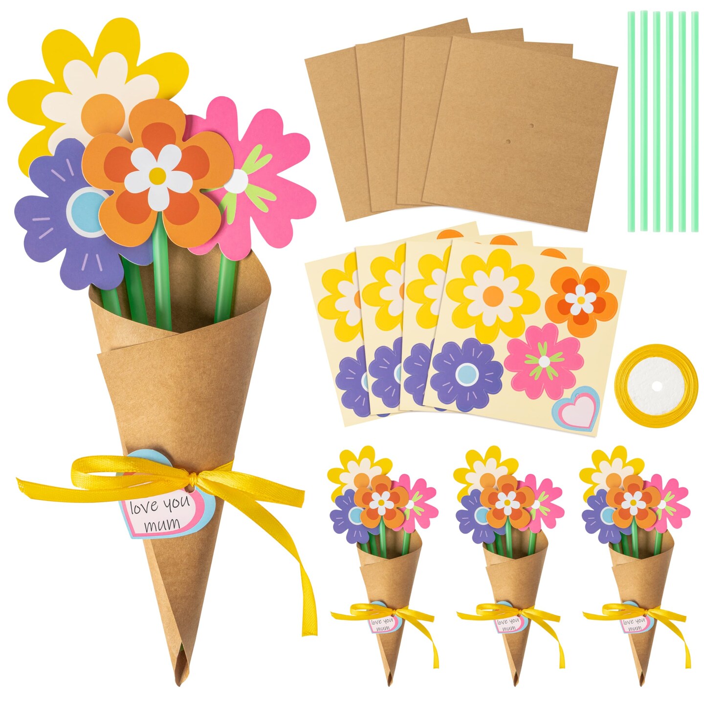 Flower Bouquet Craft Kit - 24Pcs Mother's Day Flower Bouquet Craft for Kids Make Your Own Bunch of Flowers Teacher Appreciation Week DIY Thankful Gift Set School Classroom Home Fun Activities