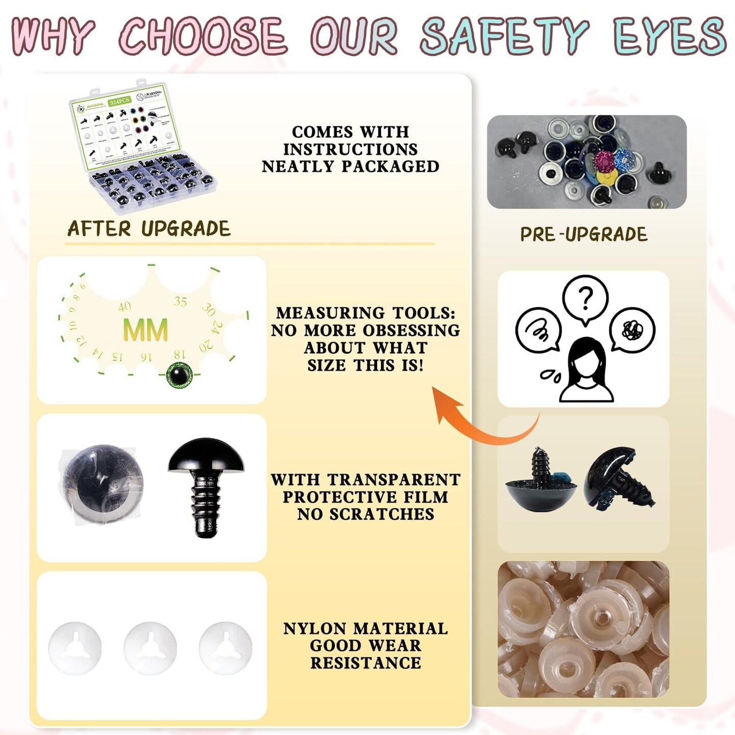 Upgraded Glitter Safety Eyes 324 Pcs 6-24mm Safety Eyes for Crocheting with Washers and Size Tools Large Crochet Safety Eyes for Amigurumi Gift for Crochet Lovers Halloween Decorations